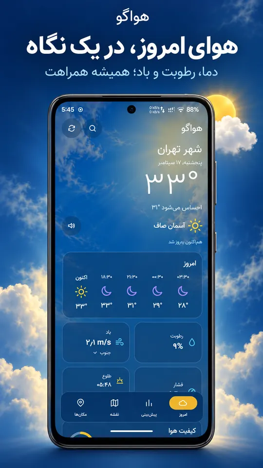 صفحه امروز اپلیکیشن هواگو